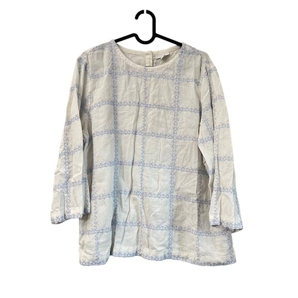J Jill White Blue Embroidered Linen Blend Coastal Cottagecore Blouse Womens Sz L - Picture 1 of 5